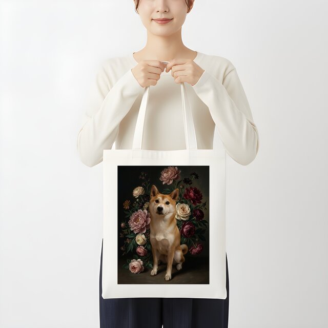 犬（柴犬）トートバッグ 花の油絵風アート キャンバス地 | iichi 日々