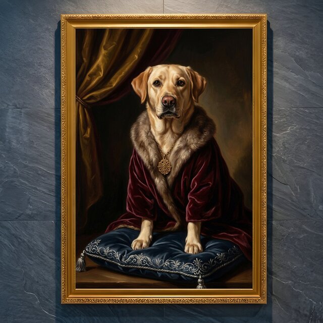 犬（ラブラドールレトリバー）のルネサンス風肖像画 A4金縁額装