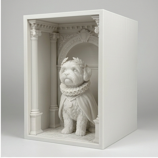 犬（マルチーズ）の3Dプリント ブックヌーク 白PLA 本棚インテリア