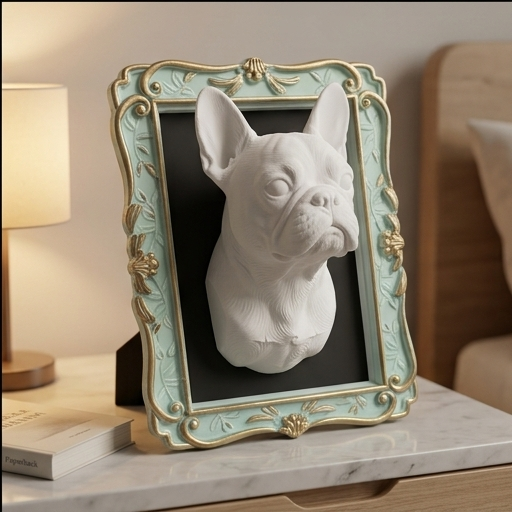 極小 フレンチブル モールアート インテリア 犬（フレンチブルドッグ）の壁掛けレリーフ 3Dプリント 白PLA