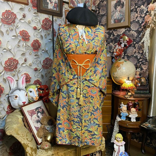 着物リメイク ミディワンピース 化繊 帯サッシュベルト 紺地花柄 和洋