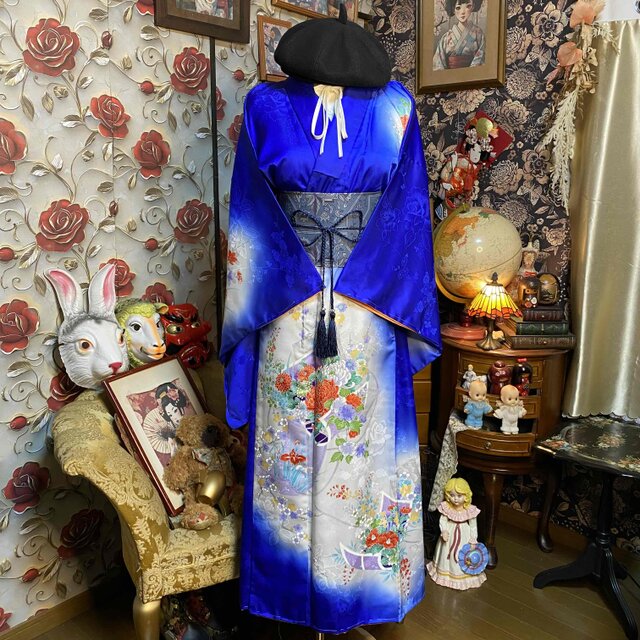 着物リメイク ロングワンピース 化繊 帯サッシュベルト 瑠璃青の花籠