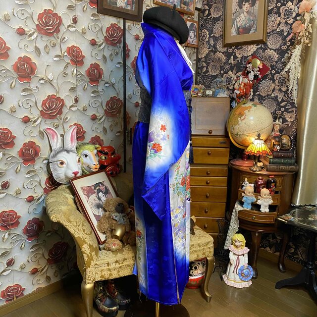 着物リメイク ロングワンピース 化繊 帯サッシュベルト 瑠璃青の花籠