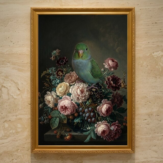 インコ（サザナミインコ）の花に囲まれた油絵風アート A3額装