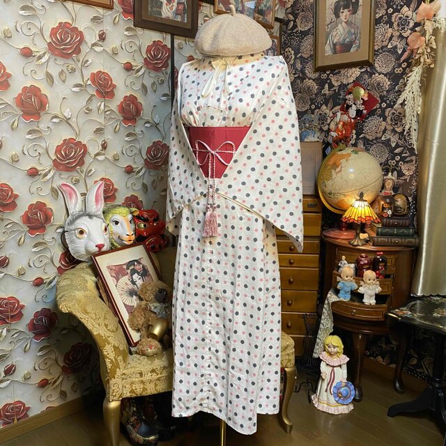 LL 着物リメイク 正絹 二種 絽 シンプルゆったりワンピース ベルト無し 夏着物リメイク ロングワンピース 水玉柄 化繊 帯サッシュベルト2点
