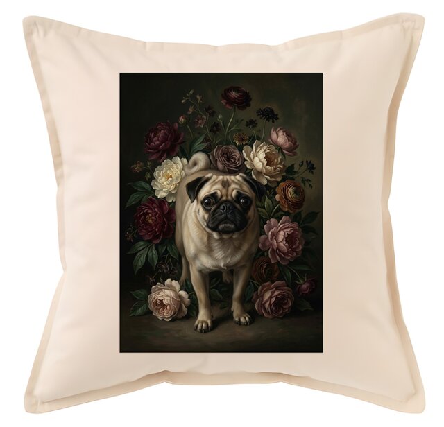 犬（パグ）クッション 45cm 花の油絵風カラーアート | iichi 日々の