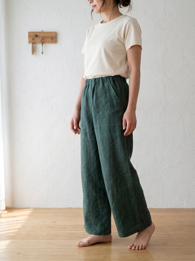 うさとの服　ハーフパンツ　麻　藍染め　草木染　リネン　ヘンプ　ヨガ　オーガニック 草木染め リネン100％ ベイカーパンツ 「天然インド藍染めとヤマモモの