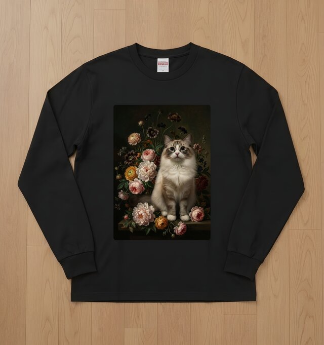 猫（ラグドール）長袖Tシャツ 花の油絵風アート ブラック 男女兼用