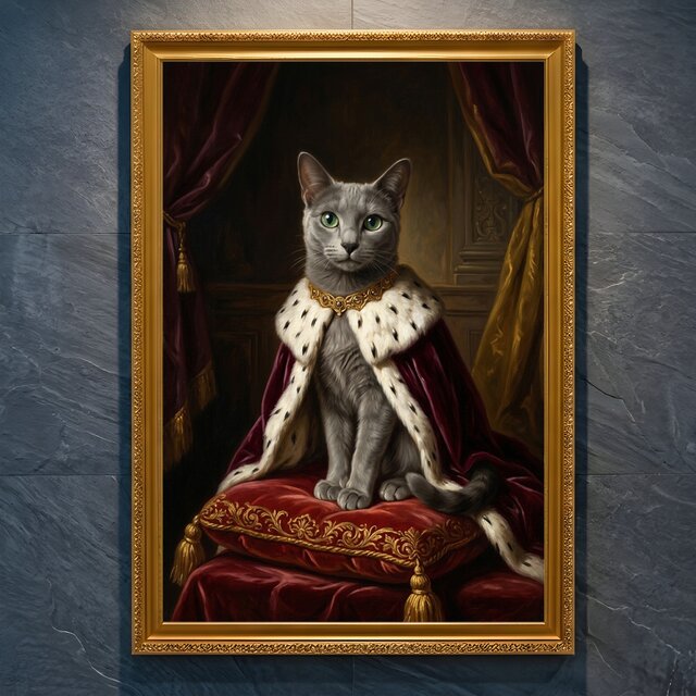 猫（ロシアンブルー）のルネサンス風肖像画 A4金縁額装インテリア
