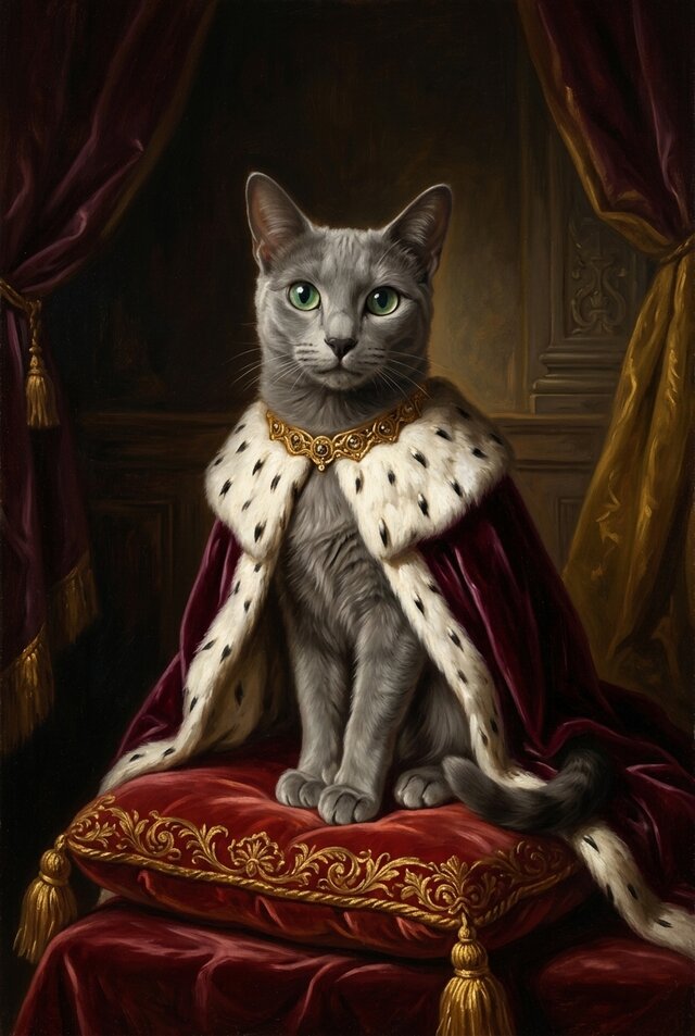 猫（ロシアンブルー）のルネサンス風肖像画 A4金縁額装インテリア