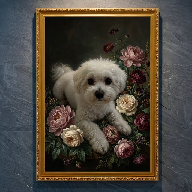 犬（ビションフリーゼ）の花に囲まれた油絵風アート A4金縁額装