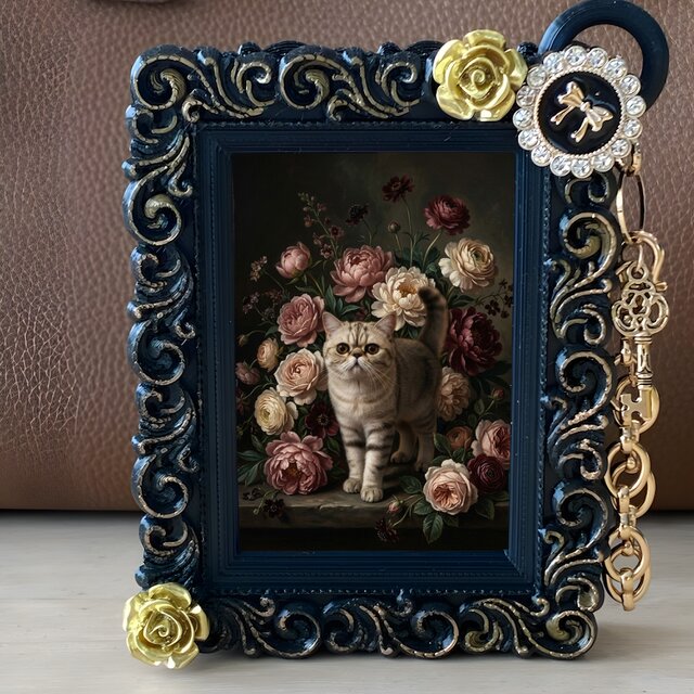 猫(エキゾチックショートヘア)バッグチャーム 花の油絵風アート 猫(エキゾチックショートヘア)バッグチャーム 花の油絵風アート
