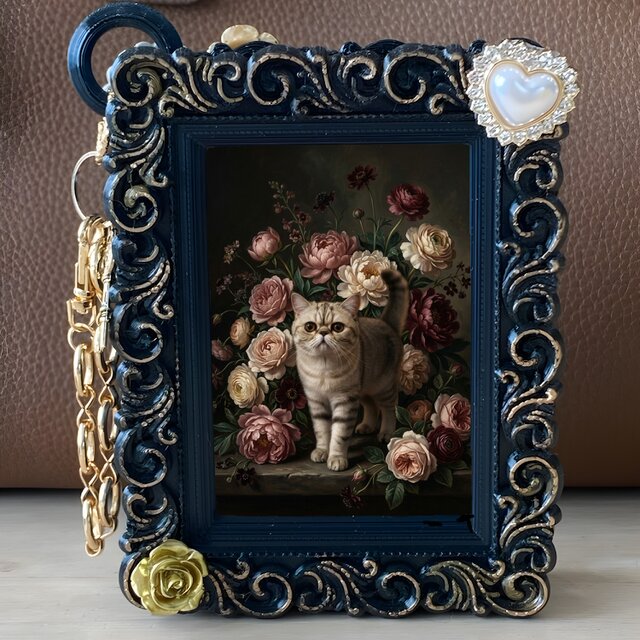 猫(エキゾチックショートヘア)バッグチャーム 花の油絵風アート 猫(エキゾチックショートヘア)バッグチャーム 花の油絵風アート