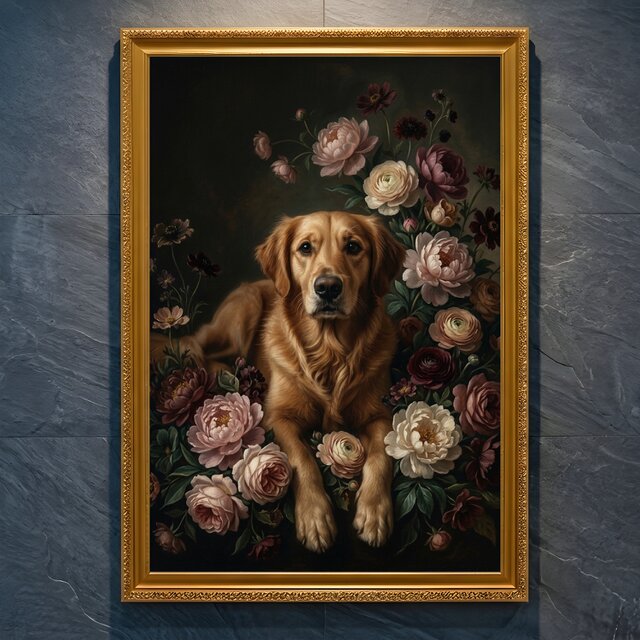 原画　アンティーク調　ゴールデンレトリーバー　　　ヴィンテージ風　A4 犬（ゴールデンレトリバー）の花の油絵風アート A4金縁額装インテリア