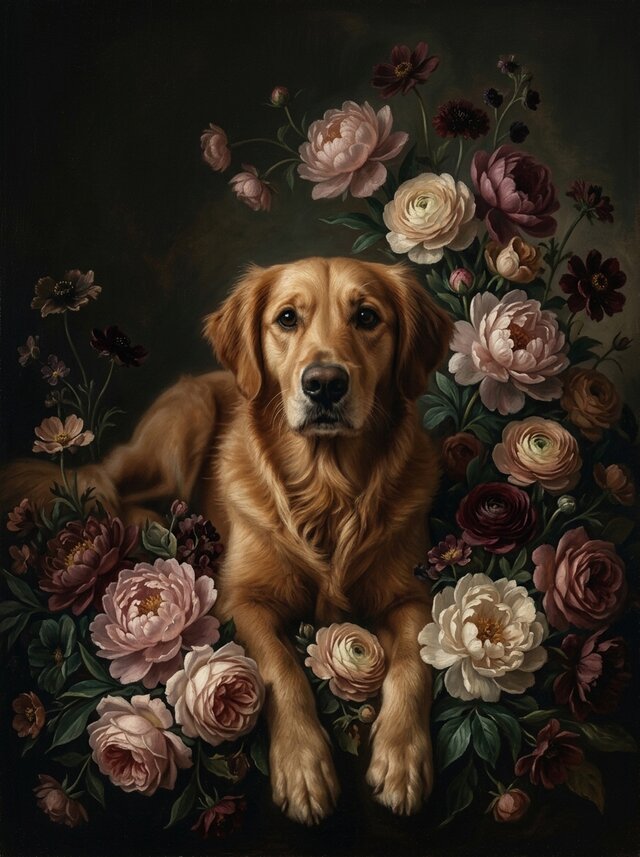 犬（ゴールデンレトリバー）の花の油絵風アート A4金縁額装インテリア