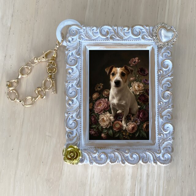 犬（ジャックラッセルテリア）バッグチャーム 花の油絵風アート