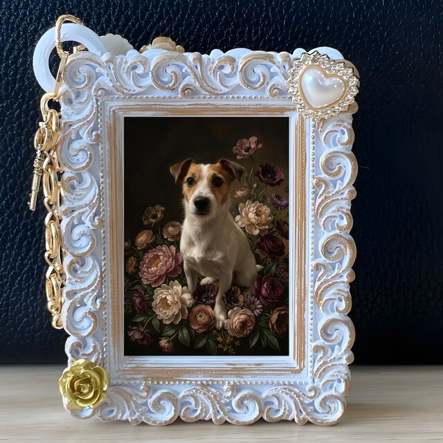 犬（ジャックラッセルテリア）バッグチャーム 花の油絵風アート