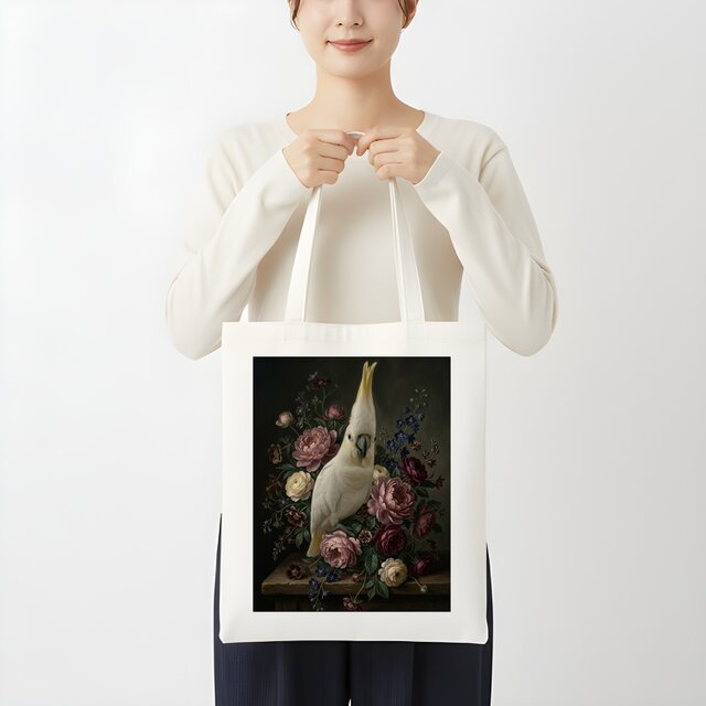 インコ（キバタン）トートバッグ 花の油絵風アート キャンバス地