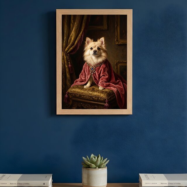 犬（ポメラニアン）のルネサンス風肖像画 油絵風アートA4額装