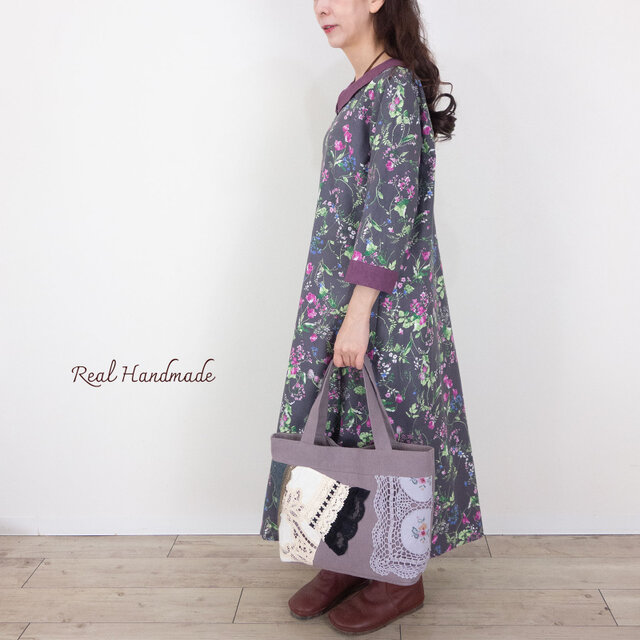 ハンドメイド YUWAハーフリネン花柄生地 タックワンピース レース襟free 予約販売] ハーフリネン ボタニカル・チャコール 葡萄色リネン