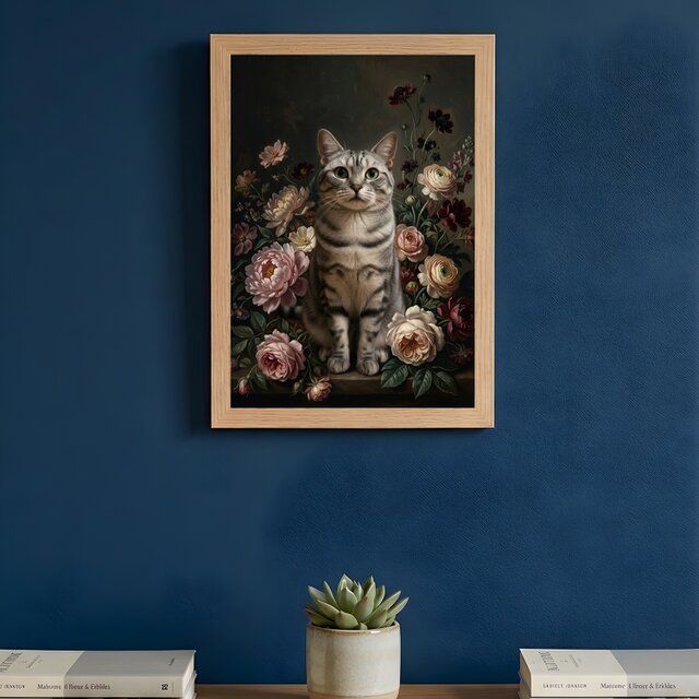 猫（アメリカンショートヘア）の花に囲まれた油絵風アート A4額装