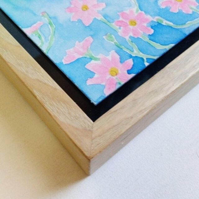 ミニ原画・額入り】「コスモス」※ボックス額（12㎝角）水彩画・花の絵