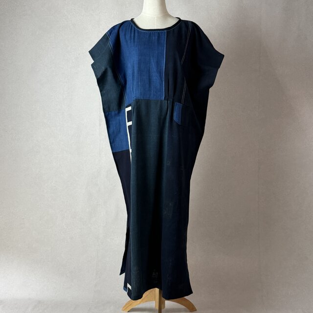 藍染木綿と印半纏のパッチワーク ロングワンピース【マキシ丈127cm