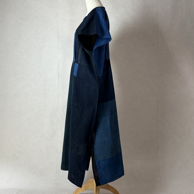 藍染木綿と印半纏のパッチワーク ロングワンピース【マキシ丈127cm