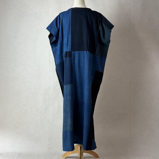 藍染木綿と印半纏のパッチワーク ロングワンピース【マキシ丈127cm