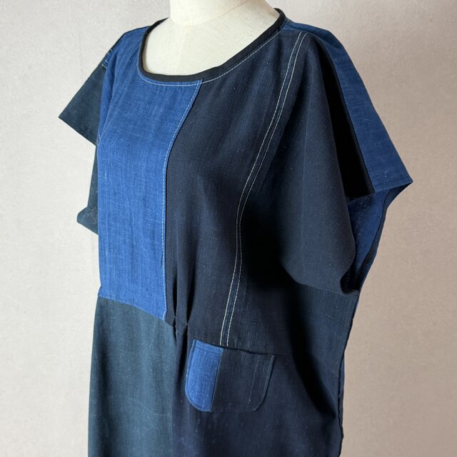 藍染木綿と印半纏のパッチワーク ロングワンピース【マキシ丈127cm