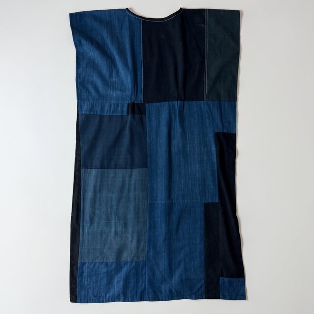 藍染木綿と印半纏のパッチワーク ロングワンピース【マキシ丈127cm