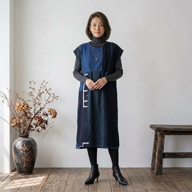 藍染木綿と印半纏のパッチワーク ロングワンピース【マキシ丈127cm