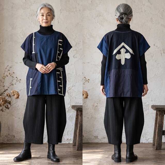 藍型染・屋号紋の木綿リメイクチュニックブラウス【立体タックポケット