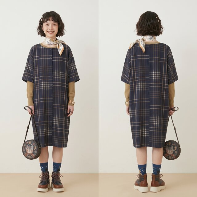 一点物】明治の手織り布団布・木綿着物リメイク｜前開き格子ワンピース