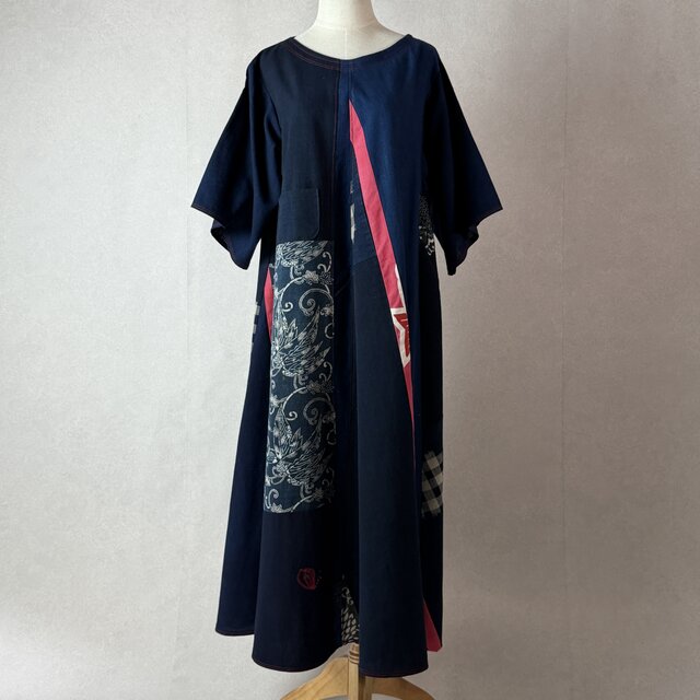 明治期格子木綿・藍型染・大漁旗のパッチワークAラインマキシ