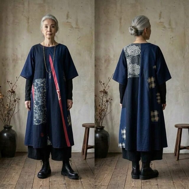 明治期格子木綿・藍型染・大漁旗のパッチワークAラインマキシ