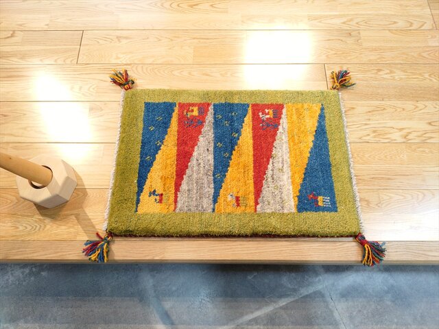 ハンドメイド」ペルシャ ギャッベ 玄関マット小 ラグ 58.5x41㎝ 緑色