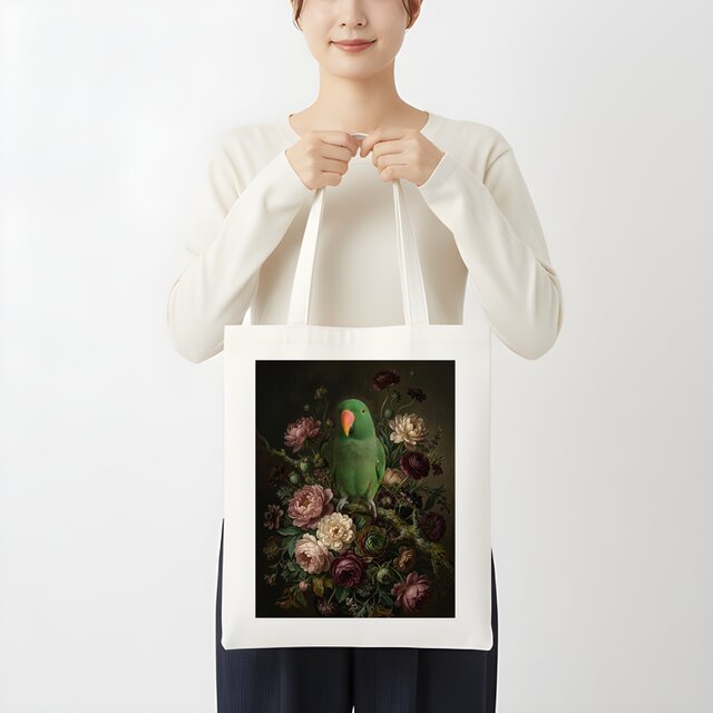 インコ（オオハナインコ）トートバッグ 花の油絵風アート キャンバス地
