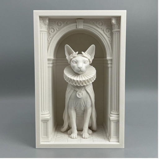 猫（スフィンクス）の3Dプリント ブックヌーク 白PLA 本棚インテリア