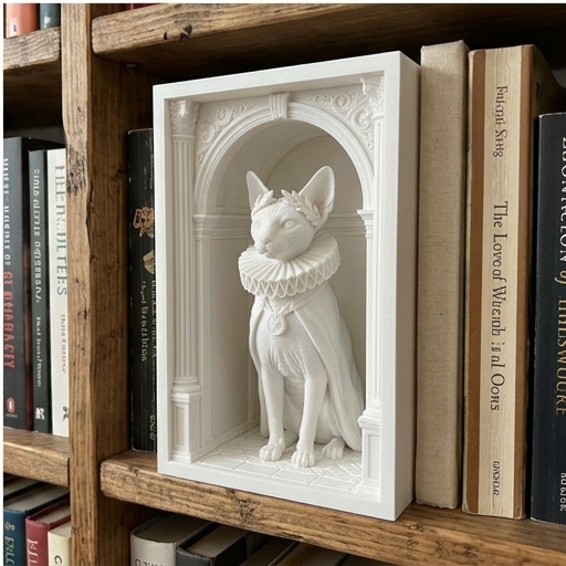 猫（スフィンクス）の3Dプリント ブックヌーク 白PLA 本棚インテリア