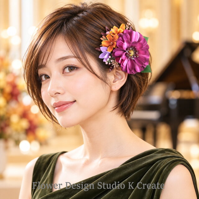 ヘア飾り 赤紫ダリアとオレンジコスモスの髪飾り｜ショートヘア対応 ヘア