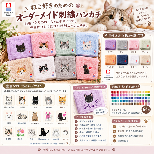 猫好きさんにおすすめ オーダーメイド刺繍ハンカチ 今治タオル 名入れ