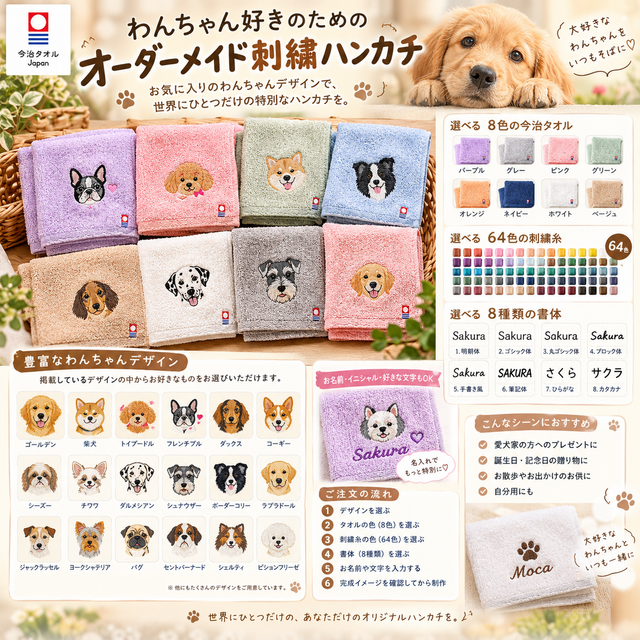 犬好きさんにおすすめ オーダーメイド刺繍ハンカチ 今治タオル 名入れ