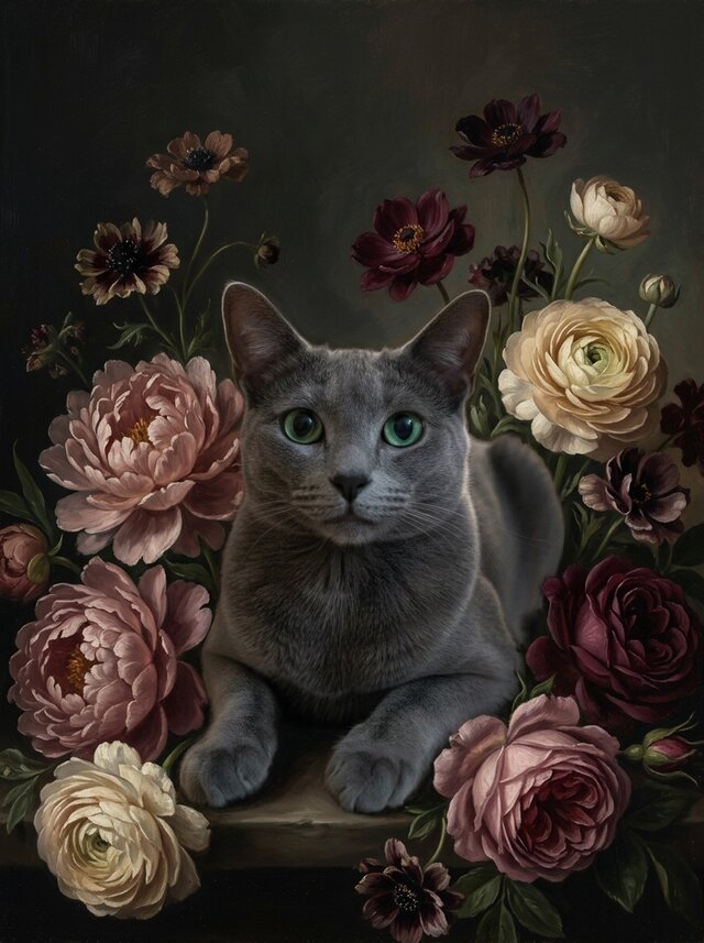 猫（ロシアンブルー）の花に囲まれた油絵風アート A4金縁額装