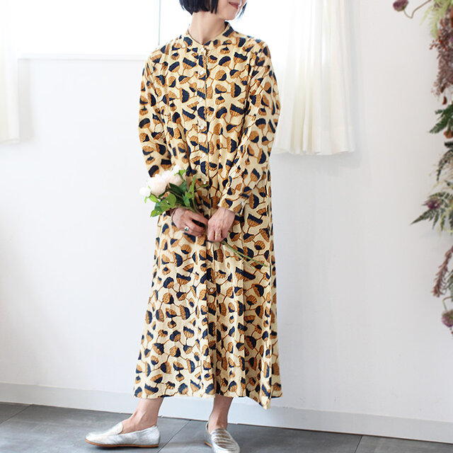 ワンダフルワールド ロングシャツワンピース F ピコフリル パッチワーク パイン バグルーブロックプリント前開きシャツワンピース【イエロー・ロータス