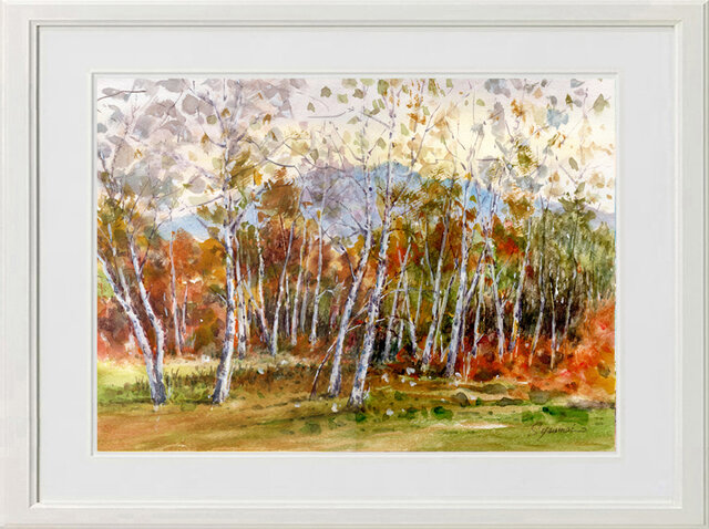 1186水彩画原画　白樺林と山小屋　風景画　上高地 水彩画原画 白樺・秋の妙高高原 ＃751 | iichi 日々の暮らしを心地よく