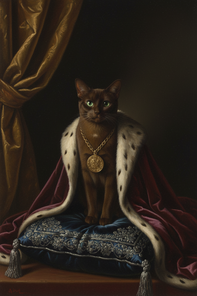 猫（バーミーズ）のルネサンス風肖像画 油絵風アートA4金縁額装