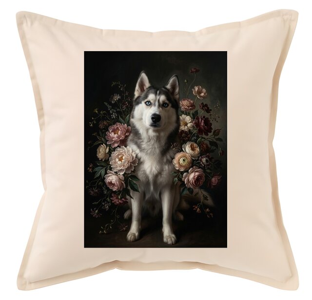 犬（シベリアンハスキー）クッション 45cm 花の油絵風カラーアート