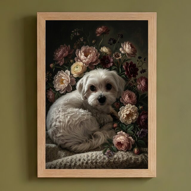 犬（マルチーズ）の花に囲まれた油絵風アート A4額装インテリア壁掛け