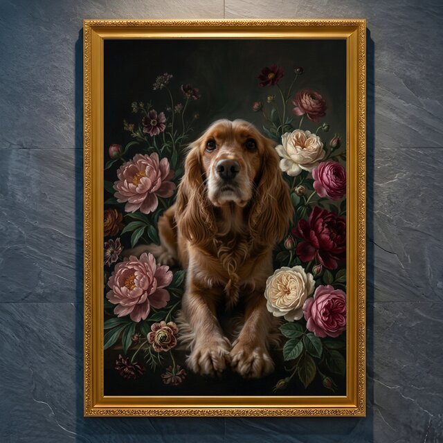 犬（コッカースパニエル）の花に囲まれた油絵風アート A4金縁額装